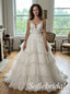 White Tulle Deep V Sleeveless Illusion Open Back 3D Lace Tiered A-Line Bridal Gown, SFWD0098