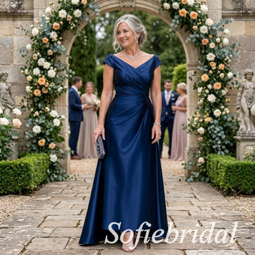 Navy Blue Satin Cap Sleeve V-Neck Draped Ruched Floor Length A-Line Mother of the Bride Gown, SFM022