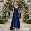 Navy Blue Satin Cap Sleeve V-Neck Draped Ruched Floor Length A-Line Mother of the Bride Gown, SFM022