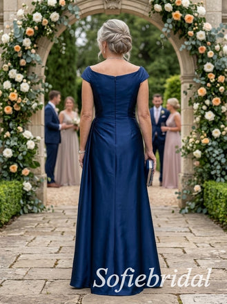 Navy Blue Satin Cap Sleeve V-Neck Draped Ruched Floor Length A-Line Mother of the Bride Gown, SFM022