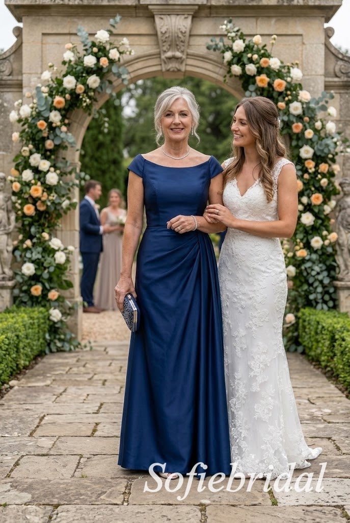 Navy Blue Satin Cap Sleeve V-Neck Draped Ruched Floor Length A-Line Mother of the Bride Gown, SFM022