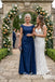 Navy Blue Satin Cap Sleeve V-Neck Draped Ruched Floor Length A-Line Mother of the Bride Gown, SFM022