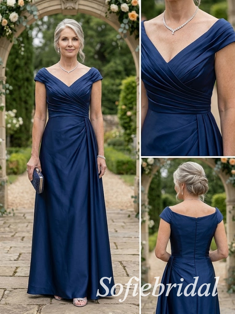 Navy Blue Satin Cap Sleeve V-Neck Draped Ruched Floor Length A-Line Mother of the Bride Gown, SFM022
