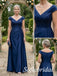 Navy Blue Satin Cap Sleeve V-Neck Draped Ruched Floor Length A-Line Mother of the Bride Gown, SFM022