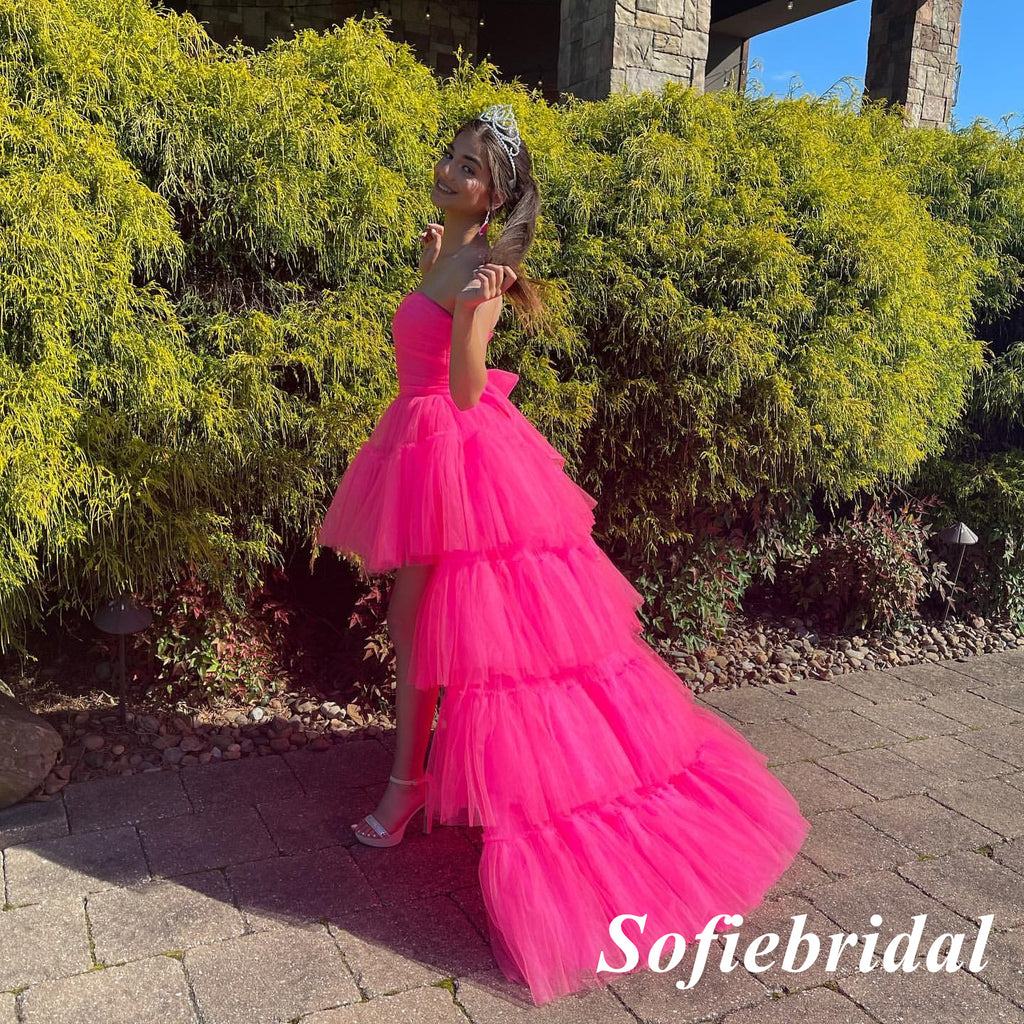 Sexy Sweetheart Gummy Pink Tulle Sleeveless High Low A-Line Floor Length Prom Dress, PD01090
