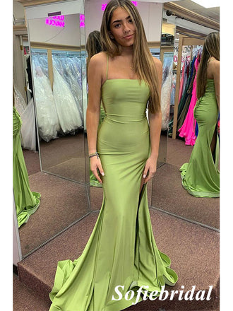 Sexy Soft Satin Spaghetti Straps Sleeveless Lace Up Back Mermaid Floor Length Prom Dress, PD01053