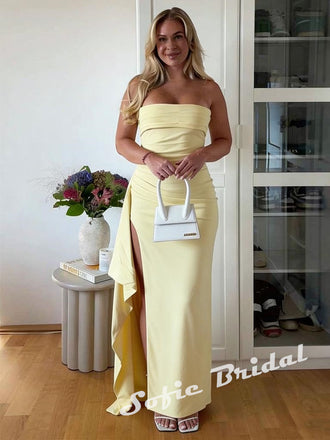 Sexy Crepe Sweetheart Sleeveless Ruffled Split Sheath Maxi Prom Dress, PD01174