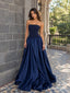 Navy Strapless Satin Ball Gown Dress, Corset Floor Length Formal Gown,PD13895