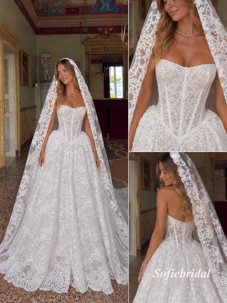 Strapless Sweetheart Lace Corset Ballgown Wedding Dress, Full Lace Bridal Gown with Lace Veil, SFWD0129