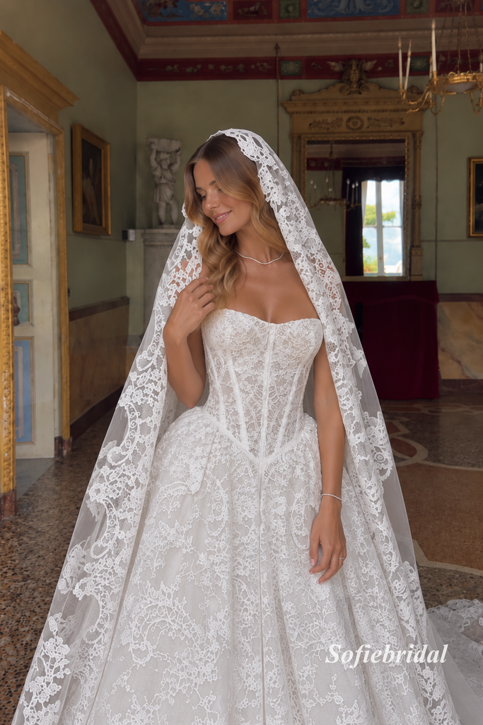 Strapless Sweetheart Lace Corset Ballgown Wedding Dress, Full Lace Bridal Gown with Lace Veil, SFWD0129