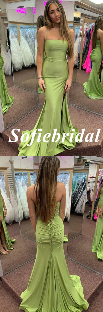 Sexy Soft Satin Spaghetti Straps Sleeveless Lace Up Back Mermaid Floor Length Prom Dress, PD01053