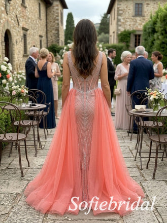 Coral Tulle V-Neck Sleeveless Corset Crystal Beaded High Slit Floor Length A-Line Prom Gown,PD1354