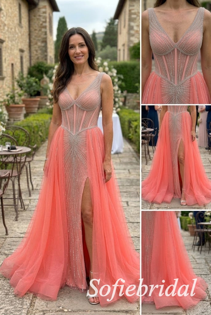 Coral Tulle V-Neck Sleeveless Corset Crystal Beaded High Slit Floor Length A-Line Prom Gown,PD1354