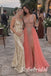 Coral Tulle V-Neck Sleeveless Corset Crystal Beaded High Slit Floor Length A-Line Prom Gown,PD1354