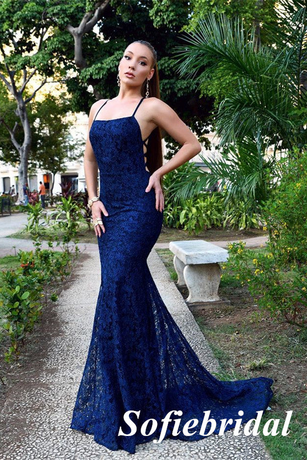 Sexy Royal Blue Spaghetti Straps Square Sleeveless Lace Up Back Mermaid Floor Length Prom Dress, PD01046