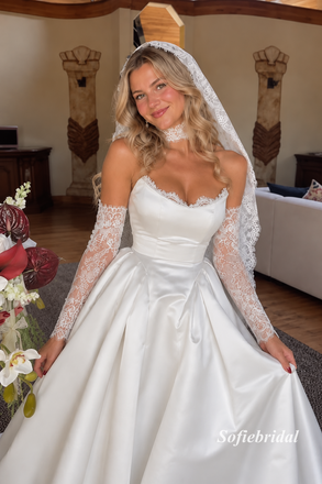 Strapless Satin Ballgown Wedding Dress, Detachable Long Lace Sleeves Bridal Gown, SFWD0130