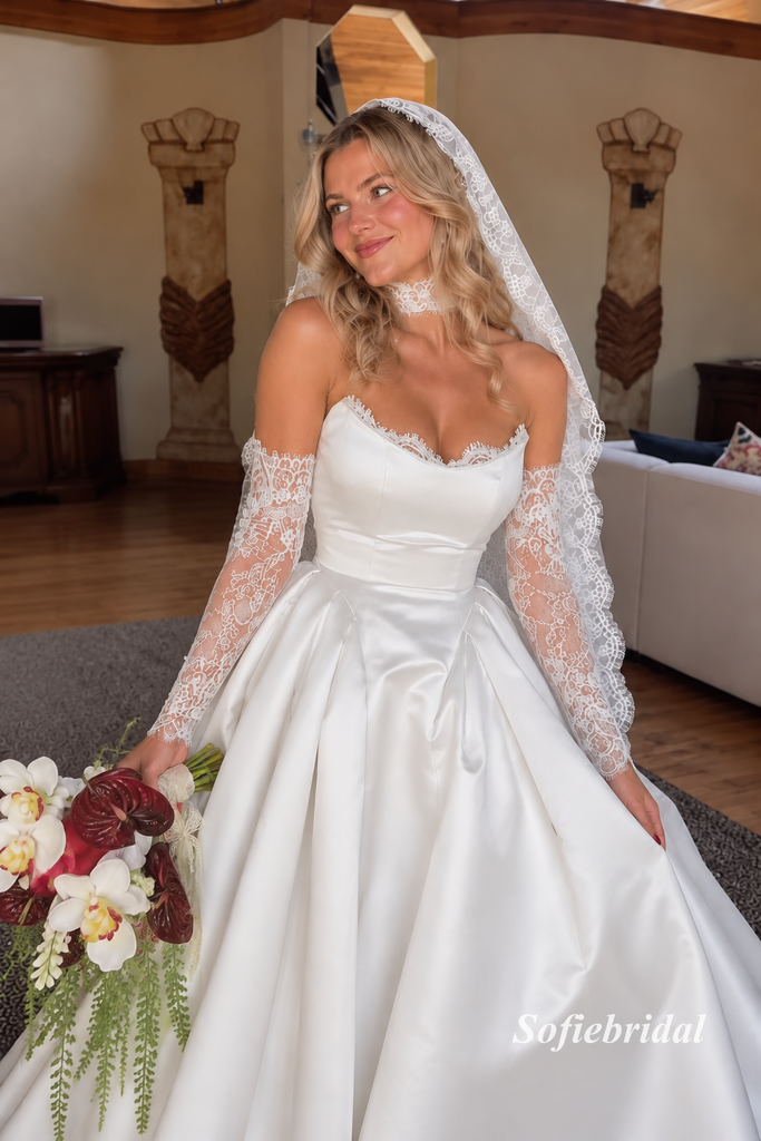 Strapless Satin Ballgown Wedding Dress, Detachable Long Lace Sleeves Bridal Gown, SFWD0130