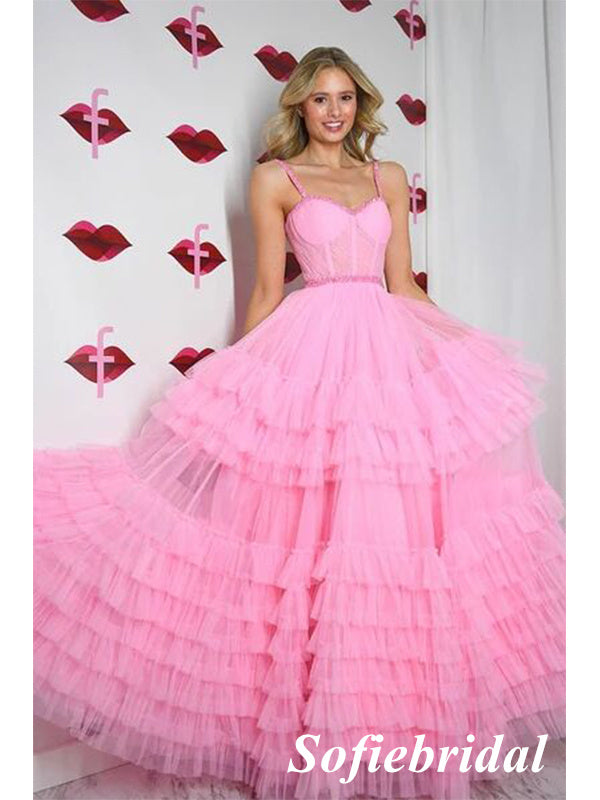 Sexy Pink Tulle Spaghetti Straps Sleeveless A-Line Floor Length Prom Dress, PD01058