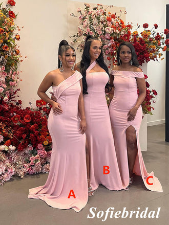 Sexy Jersey Mismatched Sleeveless Side Slit Mermaid Floor Length Bridesmaid Dresses, SFWG00513