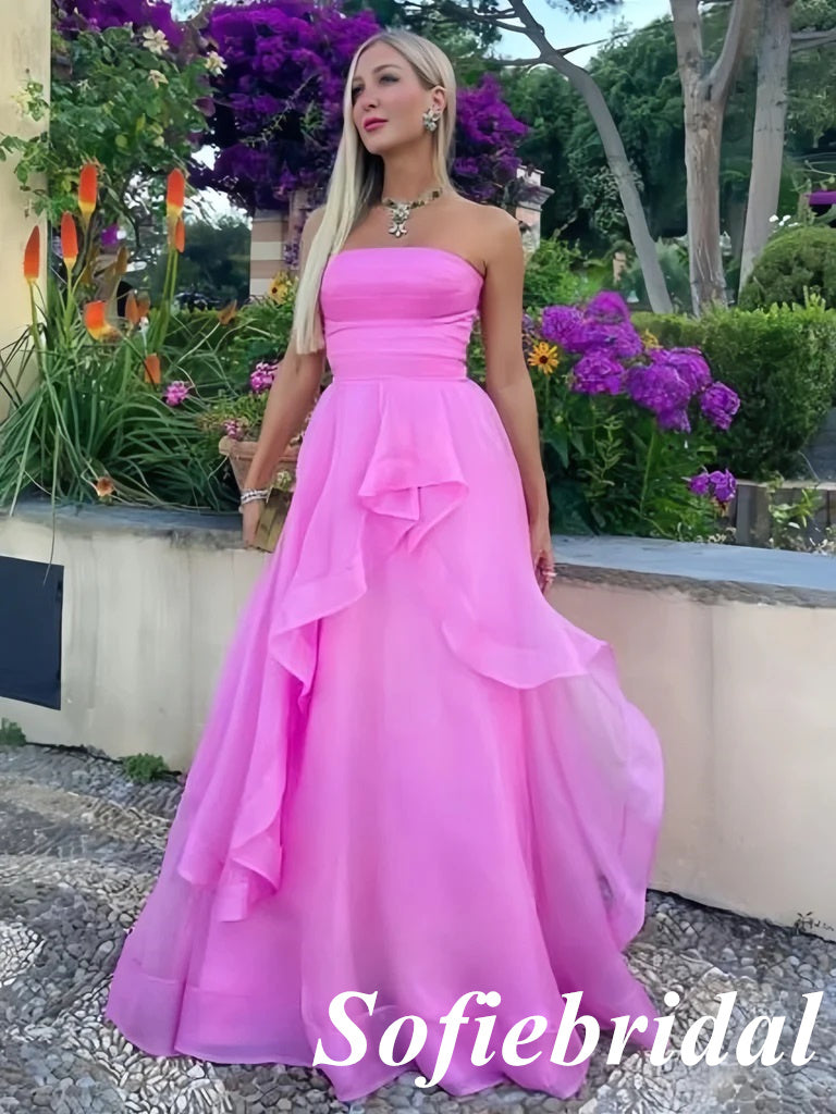 Sexy Candy Pink Organza Sweetheart Sleeveless A-Line Long Prom Dresses, PD0983