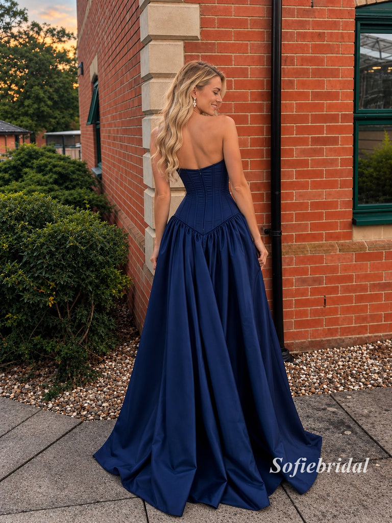 Navy Strapless Corset A-Line Satin Gown, Sweetheart Ruched Formal Prom Dress, PD13946