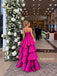 Hot Pink Strapless Satin Tiered A-Line Gown, Ruffle Layer Formal Evening Dress, PD13936