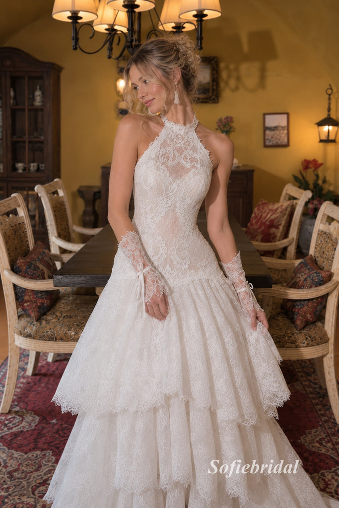 Halter Sweetheart Tiered Lace Wedding Dress, Detachable Lace Gloves Corset Bridal Gown, SFWD0149