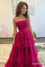 Fuchsia Glitter Tulle Sweetheart Strapless Tiered Ruffle A-Line Floor Length Evening Dress, PD13887
