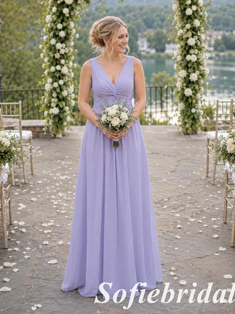 Lavender Chiffon V-Neck Sleeveless Twist Waist  Floor Length Bridesmaid Dress, SFWG00644