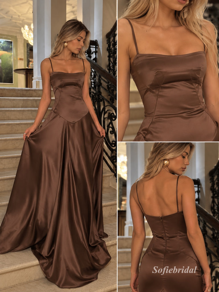Chocolate Spaghetti Strap Satin Mermaid Evening Dress, Low Back Fitted Formal Prom Gown, PD13927