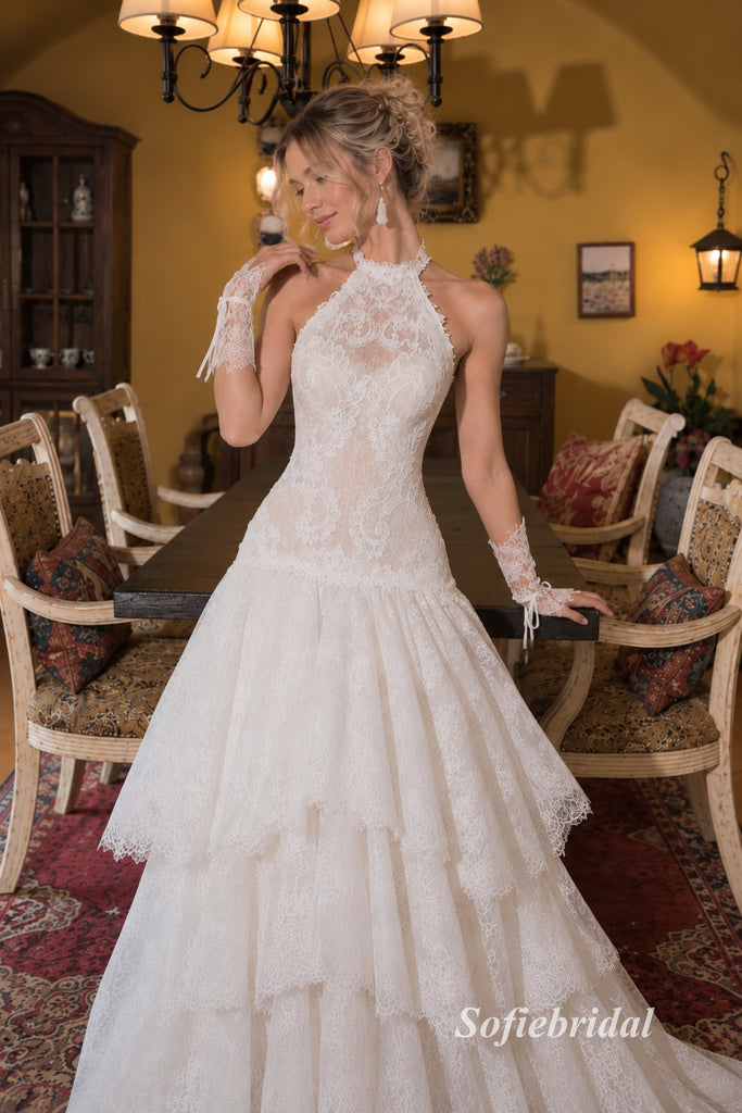 Halter Sweetheart Tiered Lace Wedding Dress, Detachable Lace Gloves Corset Bridal Gown, SFWD0149