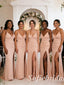 Blush Spaghetti Strap Bridesmaid Dress V-Neck High Slit Jersey Wedding Guest Gown, SFWG00622