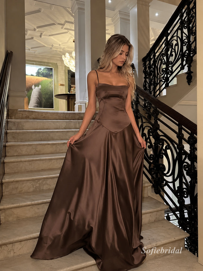 Chocolate Spaghetti Strap Satin Mermaid Evening Dress, Low Back Fitted Formal Prom Gown, PD13927