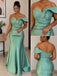 Sage Green Satin One Shoulder Beaded Appliqué Floor Length Mermaid Bridesmaid Dress, SFWG00721