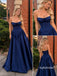 Navy Strapless Corset A-Line Satin Gown, Sweetheart Ruched Formal Prom Dress, PD13946