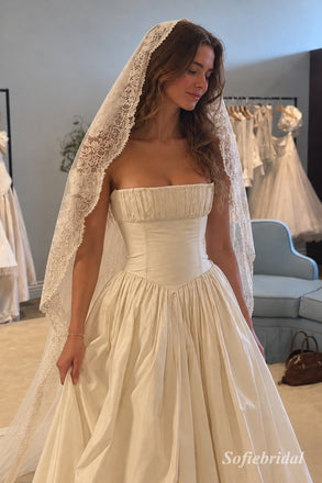 Strapless Vintage Satin A-Line Wedding Dress, Ruched Bodice Floor Length Bridal Gown With Lace Veil,SFWD0116