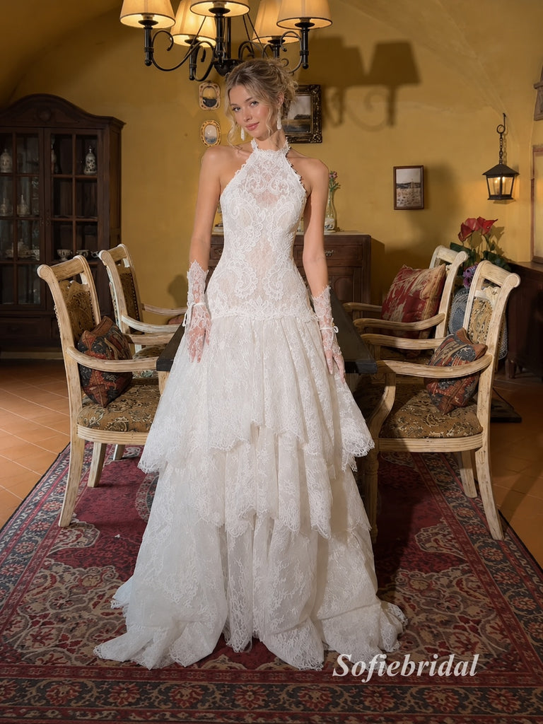 Halter Sweetheart Tiered Lace Wedding Dress, Detachable Lace Gloves Corset Bridal Gown, SFWD0149