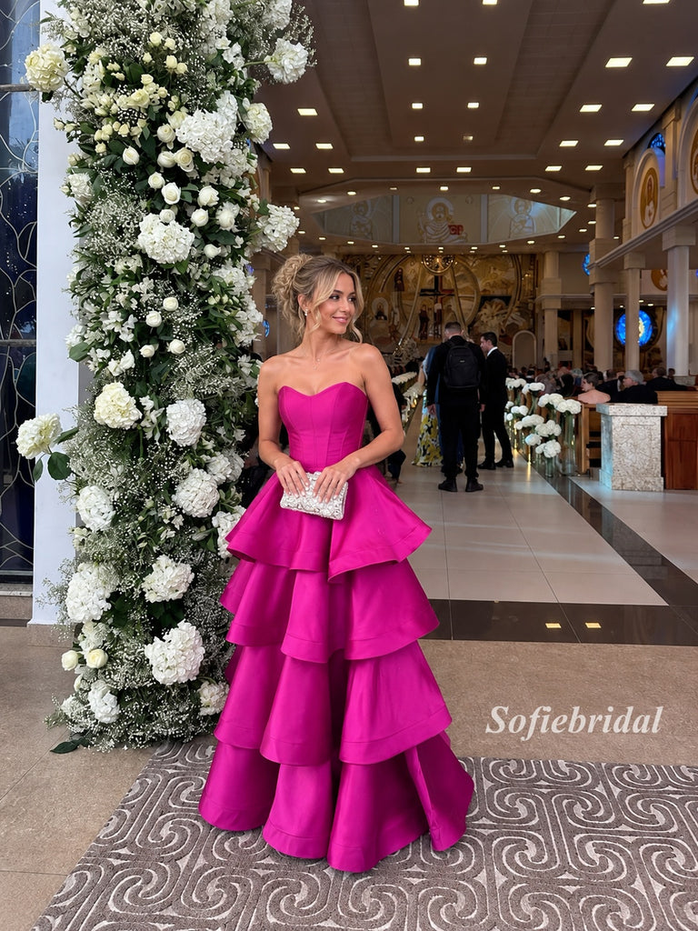 Hot Pink Strapless Satin Tiered A-Line Gown, Ruffle Layer Formal Evening Dress, PD13936