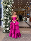 Hot Pink Strapless Satin Tiered A-Line Gown, Ruffle Layer Formal Evening Dress, PD13936