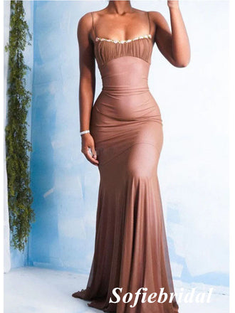 Sexy Chiffon Spaghetti Straps Mermaid Long Prom Dresses With Applique, PD0938