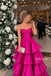 Hot Pink Strapless Satin Tiered A-Line Gown, Ruffle Layer Formal Evening Dress, PD13936