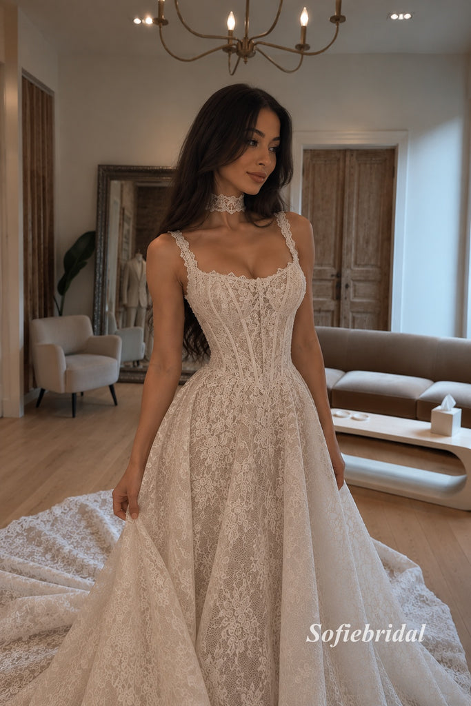 Spaghetti Strap Sweetheart Lace Corset A-Line Wedding Dress, Lace Choker Bridal Gown, SFWD0143