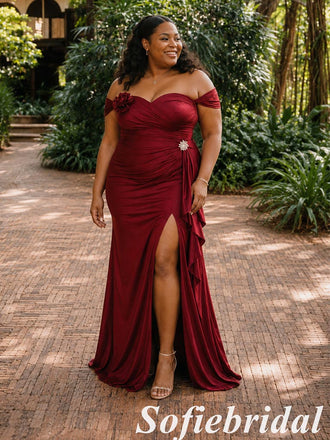 Luxury Burgundy Off Shoulder Side Slit Mermaid Bridesmaid Dress With Floral Accent, SFWG00645