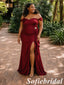 Luxury Burgundy Off Shoulder Side Slit Mermaid Bridesmaid Dress With Floral Accent, SFWG00645
