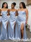 Elegant Ice Blue Satin Spaghetti Straps Cowl Mermaid Bridesmaid Dresses with Slit, SFWG00624