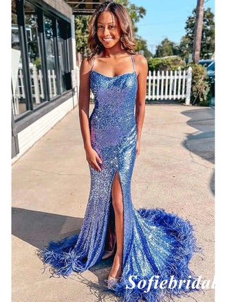 Sexy Sequin Spaghetti Straps Sleeveless Lace Up Back Side Slit Mermaid Long Prom Dresses, PD0914