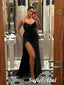 Sexy Black Soft Satin Spaghetti Straps Mermaid Bridesmaid Dress with High Slit, SFWG00620