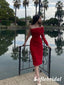Sexy Red Tulle One Shoulder Long Sleeve Sheath Knee Length Prom Dress, PD01018