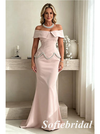 Elegant Blush Pink Off Shoulder Beaded Mermaid Evening Dress, Formal Mother of the Bride Gown, SFM014