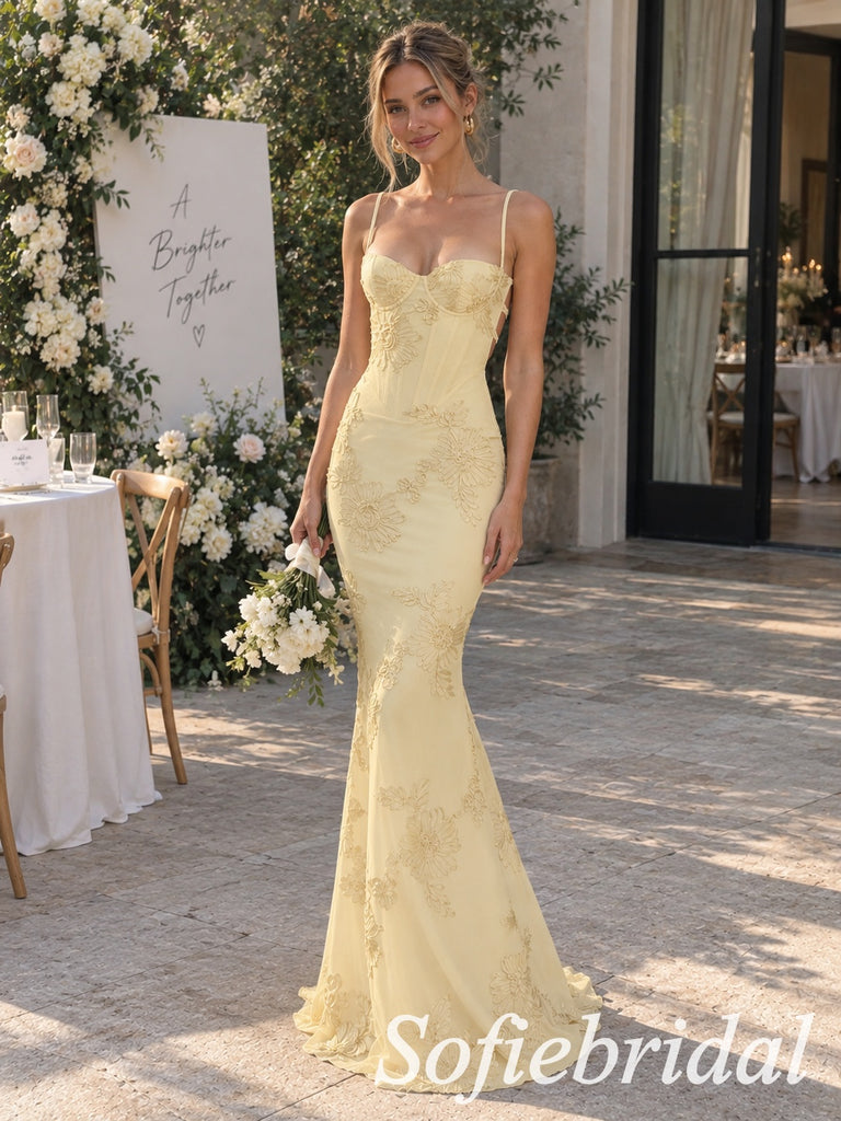 Butter Yellow Chiffon 3D Floral Appliqué Spaghetti Strap Corset Floor Length Mermaid Bridal Gown, SFWD0098